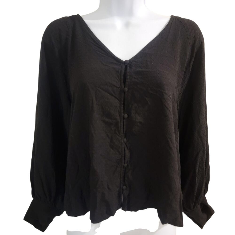 Old Navy Women’s Petite Large Black Button Front Blouse Puff Sleeve Textured